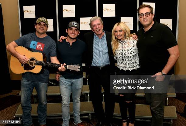 Rhett Akins, Cole Taylor, Bob Kingsley, Heather Morgan, and Busbee pose for a photo backstage at Bob Kingsley's Acoustic Alley during CRS 2017 - Day...