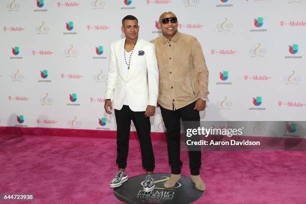 Randy Malcom and Alexander Delgado from Gente de Zona pose at the Univision's 29th Edition of Premio Lo Nuestro A La Musica Latina at the American...