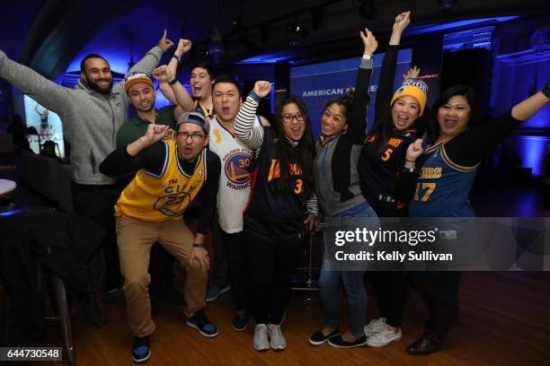 Golden State Warriors fans cheer at the American Express "All for Dub Nation" Watch Party at Social Hall SF on February 23, 2017 in San Francisco,...