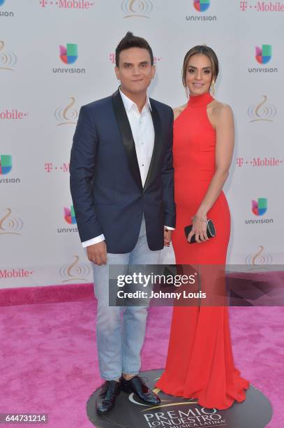 Singer Silvestre Dagond and his wife Piery Avedano attend Univision's 29th Edition of Premio Lo Nuestro A La Musica Latina at the American Airlines...