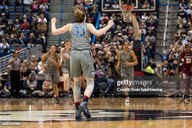 UConn Huskies Guard/Forward Katie Lou Samuelson reacts after a UConn basket during the second half a women's division 1 basketball game between the...