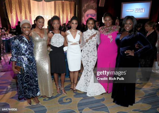 Actors Cynthia Erivo, Vicky Jeudy, Samira Wiley, Kelly McCreary, Aja Naomi King, Adrienne C. Moore, and Danielle Brooks at Essence Black Women in...