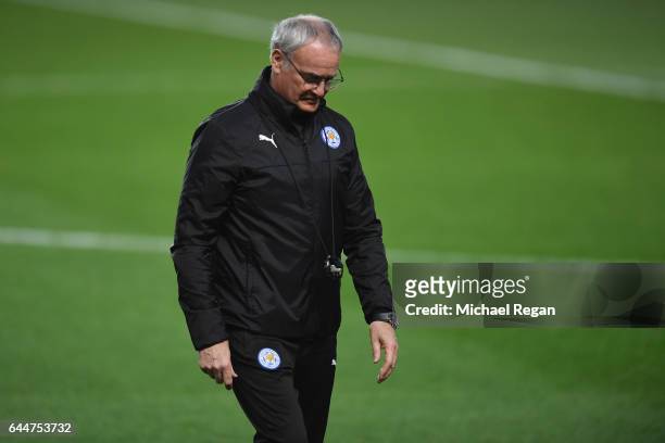 Claudio Ranieri, manager of Leicester City looks on during a training session ahead of the UEFA Champions League round-of-16 first leg against...