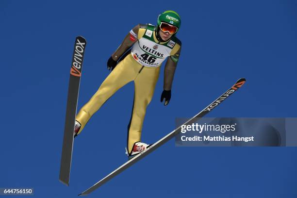 Eero Hirvonen of Finland makes a practice jump prior to the Men's Nordic Combined HS100 during the FIS Nordic World Ski Championships on February 24,...