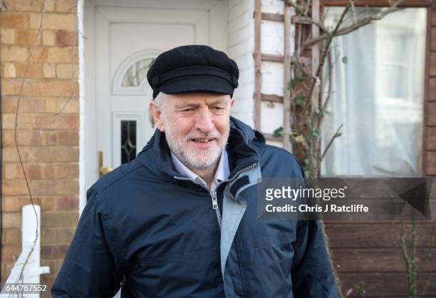Labour Party leader Jeremy Corbyn leaves his north London home following a night of by-elections in the United Kingdom on February 24, 2017 in...