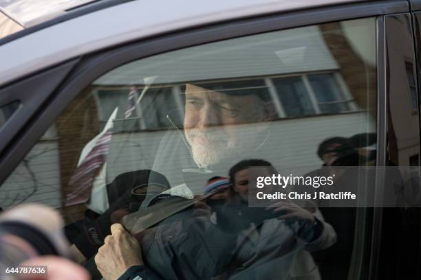 Labour Party leader Jeremy Corbyn leaves his north London home following a night of by elections in the United Kingdom on February 24, 2017 in...