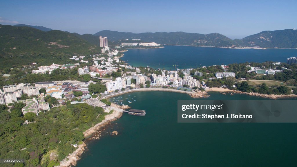 Aerial view of town of Stanley and Tai Tam Bay in Hong Kong...