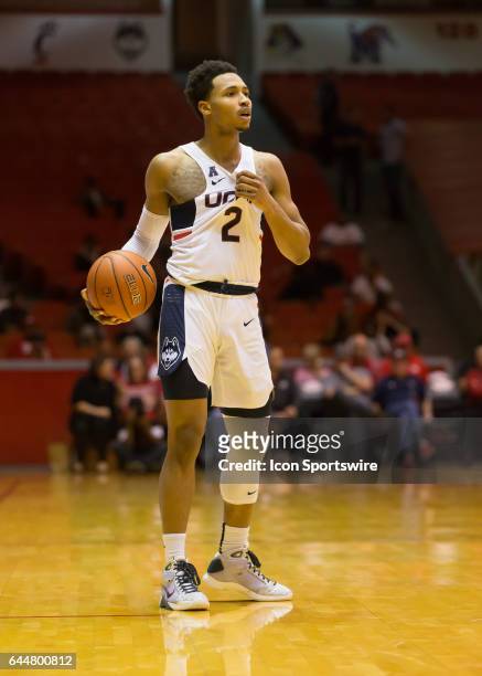 Connecticut Huskies guard Jalen Adams looks for an open player during the Men's basketball game between the UConn Huskies and Houston Cougars on...