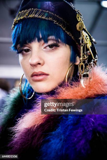Sita Abellan is seen backstage ahead of the Moschino show during Milan Fashion Week Fall/Winter 2017/18 on February 23, 2017 in Milan, Italy.