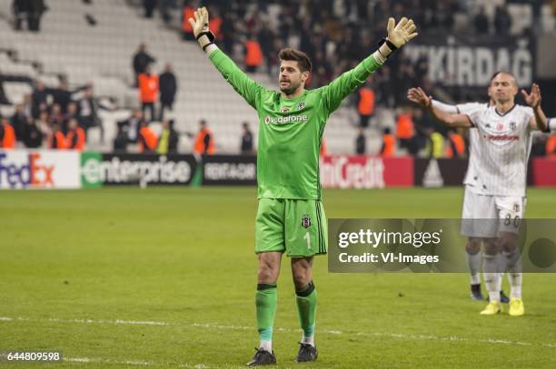 Goalkeeper Fabricio Agosto Ramirez of Besiktas JK celebrate the victory with the supportersduring the UEFA Europa League round of 16 match between...