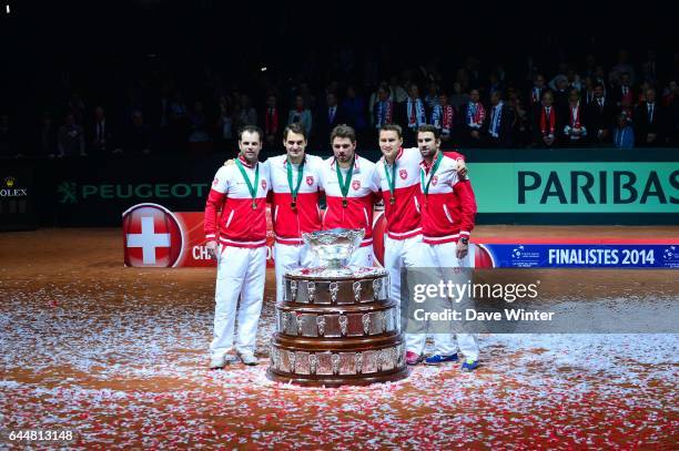 Victoire Suisse - Marco CHIUDINELLI / Michael LAMMER / Stanislas WAWRINKA / Roger FEDERER / Severin LUTHI - - France / Suisse - Finale Coupe Davis -,...