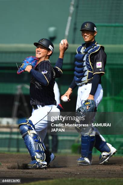 Seiji Kobayashi of Japan in action during SAMURAI JAPAN's training camp at the Sun Marine Stadium Miyazaki on February 24, 2017 in Miyazaki, Japan.