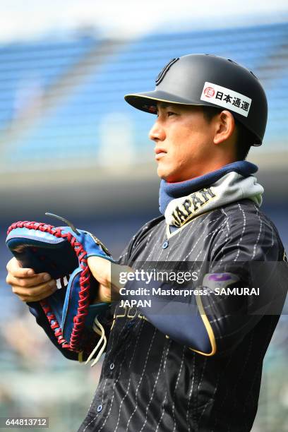 Seiji Kobayashi of Japan looks on during SAMURAI JAPAN's training camp at the Sun Marine Stadium Miyazaki on February 24, 2017 in Miyazaki, Japan.