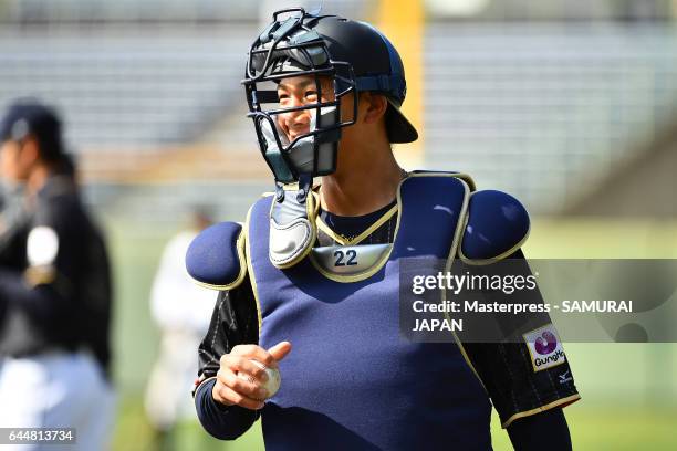 Seiji Kobayashi of Japan looks on during SAMURAI JAPAN's training camp at the Sun Marine Stadium Miyazaki on February 24, 2017 in Miyazaki, Japan.