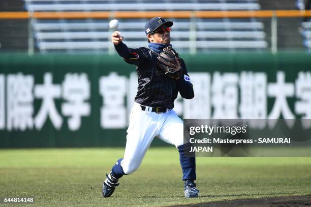 Kosuke Tanaka of Japan in action during SAMURAI JAPAN's training camp at the Sun Marine Stadium Miyazaki on February 24, 2017 in Miyazaki, Japan.