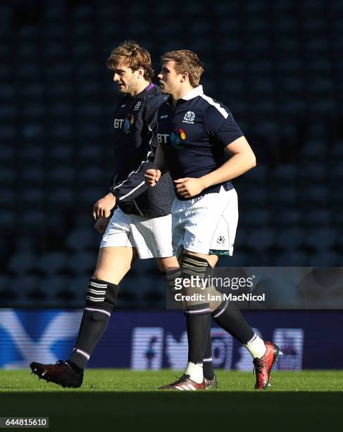Brothers Richie and Jonny Gray of Scotland are seen during the Captain's Run ahead of tomorrows 6 Nations Rugby match between Scotland and Wales at...