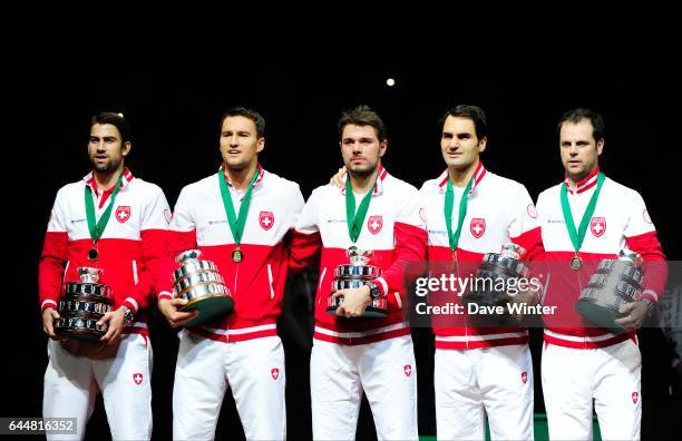 Marco CHIUDINELLI / Michael LAMMER / Stanislas WAWRINKA / Roger FEDERER / Severin LUTHI - - France / Suisse - Finale Coupe Davis -, Photo : Dave...