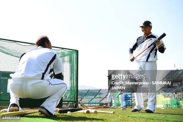 Yoshitomo Tsutsugo of Japan looks on during SAMURAI JAPAN's training camp at the Sun Marine Stadium Miyazaki on February 24, 2017 in Miyazaki, Japan.