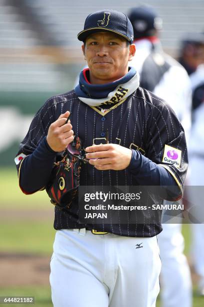 Kosuke Tanaka of Japan looks on during SAMURAI JAPAN's training camp at the Sun Marine Stadium Miyazaki on February 24, 2017 in Miyazaki, Japan.