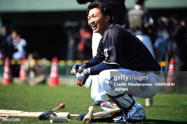 Seiya Suzuki of Japan smiles during SAMURAI JAPAN's training camp at the Sun Marine Stadium Miyazaki on February 24, 2017 in Miyazaki, Japan.