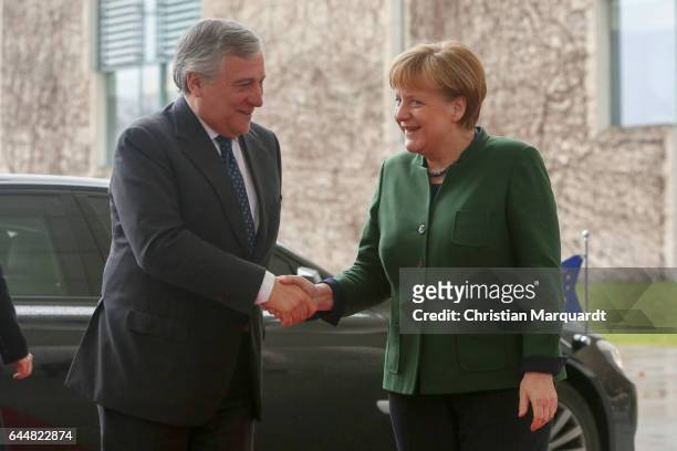 German Chancellor Angela Merkel welcomes for the first time EU Parliament President Antonio Tajani at the chancellory on February 24, 2017 in Berlin,...