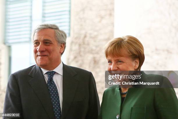 German Chancellor Angela Merkel welcomes for the first time EU Parliament President Antonio Tajani at the chancellory on February 24, 2017 in Berlin,...