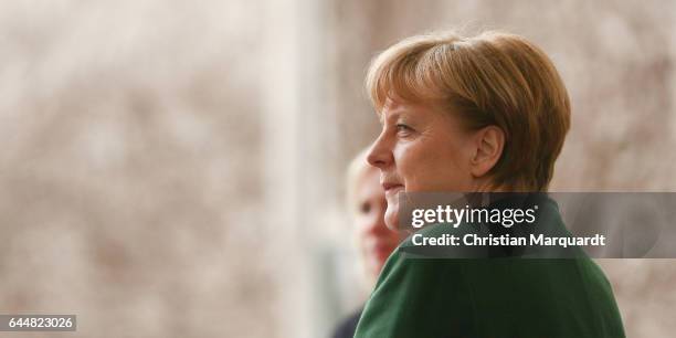 German Chancellor Angela Merkel waits for the arrival of EU Parliament President Antonio Tajani at the chancellory on February 24, 2017 in Berlin,...