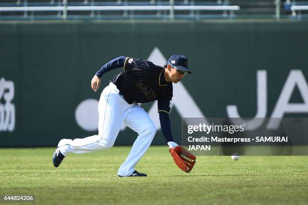 Shogo Akiyama of Japan in action during SAMURAI JAPAN's training camp at the Sun Marine Stadium Miyazaki on February 24, 2017 in Miyazaki, Japan.