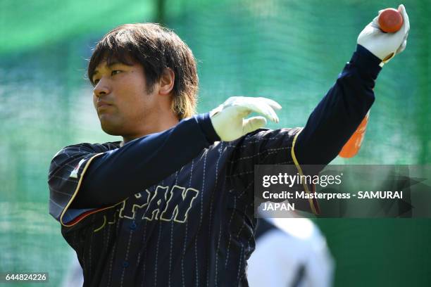 Ryosuke Hirata of Japan in action during SAMURAI JAPAN's training camp at the Sun Marine Stadium Miyazaki on February 24, 2017 in Miyazaki, Japan.