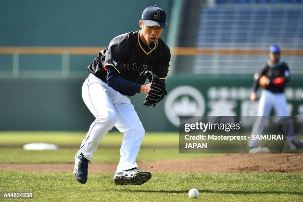 Ryo Akiyoshi of Japan in action during SAMURAI JAPAN's training camp at the Sun Marine Stadium Miyazaki on February 24, 2017 in Miyazaki, Japan.