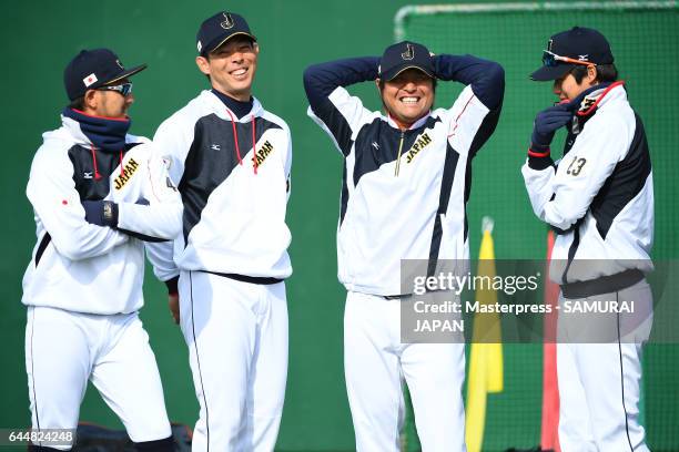 Ryosuke Kikuchi,Shogo Akiyama,Ryosuke Hirata and Tetsuto Yamada of Japan talk during SAMURAI JAPAN's training camp at the Sun Marine Stadium Miyazaki...