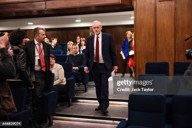 Labour Leader Jeremy Corbyn arrives at a press conference on Brexit at 2 Savoy Place on February 24, 2017 in London, England. The Labour Leader spoke...