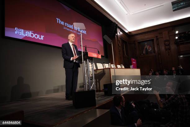 Labour Leader Jeremy Corbyn speaks during a press conference on Brexit at 2 Savoy Place on February 24, 2017 in London, England. The Labour Leader...