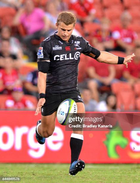 Sharks player Patrick Lambie kicks the ball during the round one Super Rugby match between the Reds and the Sharks at Suncorp Stadium on February 24,...