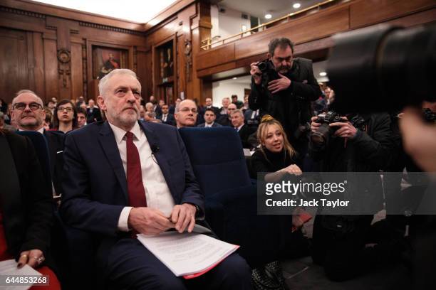 Labour Leader Jeremy Corbyn attends a press conference on Brexit at 2 Savoy Place on February 24, 2017 in London, England. The Labour Leader spoke at...