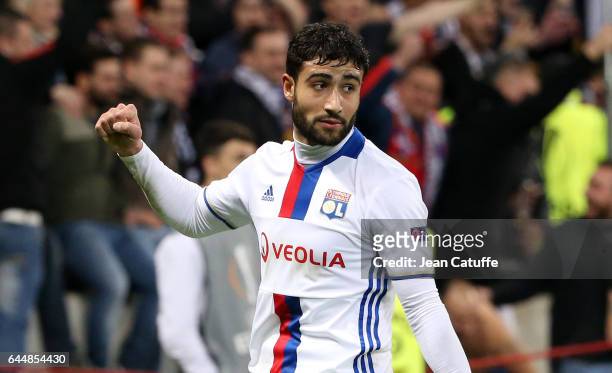 Nabil Fekir of Lyon celebrates his first goal during the UEFA Europa League Round of 32 second leg match between Olympique Lyonnais and AZ Alkmaar at...