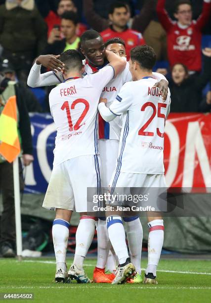 Mouctar Diakhaby of Lyon celebrates his goal with teammates during the UEFA Europa League Round of 32 second leg match between Olympique Lyonnais and...