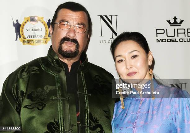 Actor Steven Seagal and his Wife Erdenetuya Seagal attend the SMASH Global V pre-Oscar fight at Taglyan Complex on February 23, 2017 in Los Angeles,...