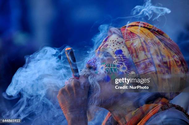 Colorful Hindu Sadhu or Holy Man smokes marijuana at the premises of Pashupatinath Temple during the celebration of Maha Shivaratri Festival at...