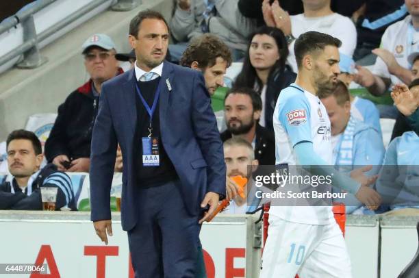 City coach Michael Valkanis looks on during the round 21 A-League match between Melbourne City and Sydney FC at AAMI Park on February 24, 2017 in...