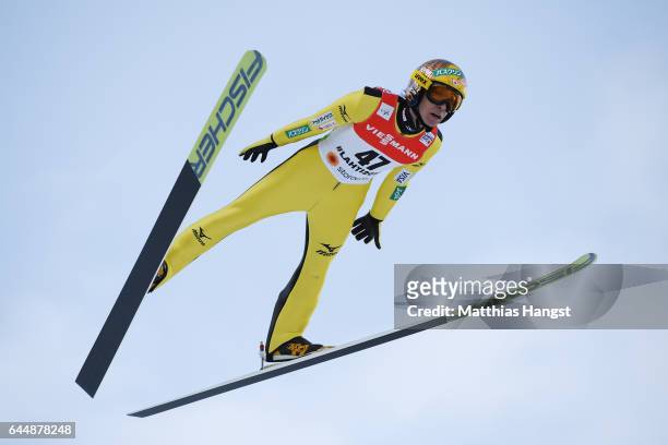 Noriaki Kasai of Japan competes in the Men's Ski Jumping HS100 qualification round during the FIS Nordic World Ski Championships on February 24, 2017...