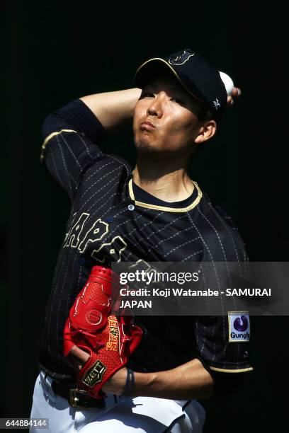 Kohdai Senga of Japan in action during SAMURAI JAPAN's training camp at the Sun Marine Stadium Miyazaki on February 24, 2017 in Miyazaki, Japan.