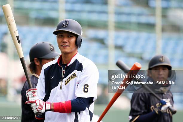 Hayato Sakamoto of Japan in action during SAMURAI JAPAN's training camp at the Sun Marine Stadium Miyazaki on February 24, 2017 in Miyazaki, Japan.