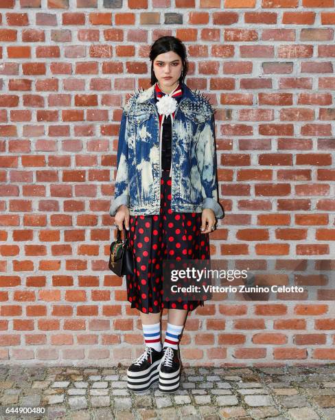 Soko arrives at the Gucciy show during Milan Fashion Week Fall/Winter 2017/18 on February 22, 2017 in Milan, Italy.