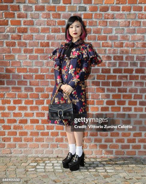 Yuki arrives at the Gucciy show during Milan Fashion Week Fall/Winter 2017/18 on February 22, 2017 in Milan, Italy.