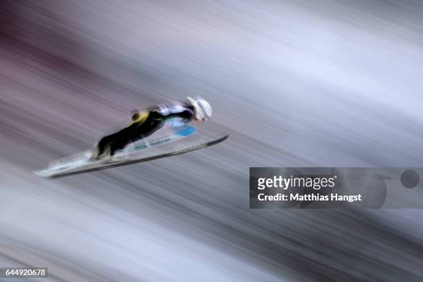Sara Takanashi of Japan makes a practice jump prior to the Women's Ski Jumping HS100 during the FIS Nordic World Ski Championships on February 24,...