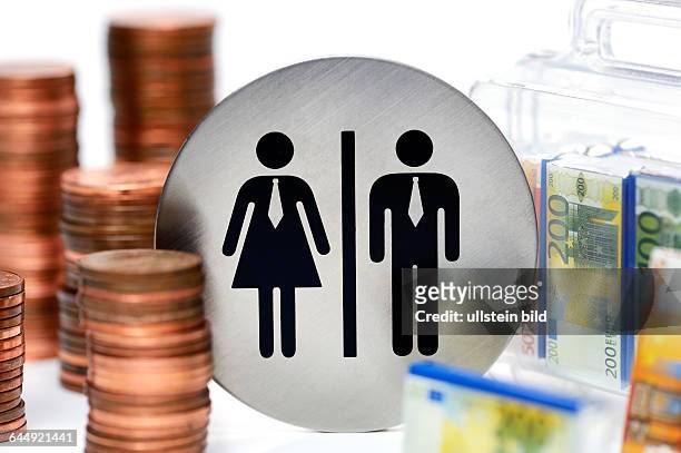 Piktogramme von Mann und Frau, Geldkoffer und Geldmünzen, Lohnungleichheit