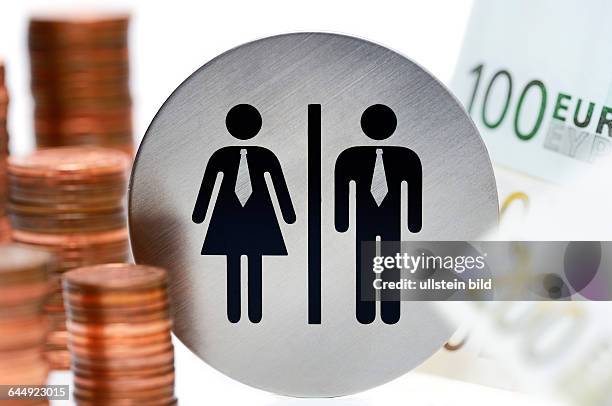 Piktogramme von Mann und Frau mit Centmünzen und Geldscheinen, Lohnungleichheit