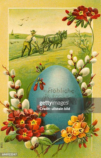 Deutschland , Ostern , Osterkarte " Fröhliche Ostern " , Osterei umrangt von Blumen, im Hintergrund Bauer bei der Feldarbeit , Prägekarte , um 1910 ....