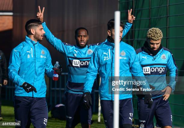 Vurnon Anita holds his hands in the air during the Newcastle United Training Session at The Newcastle United Training Centre on February 24, 2017 in...